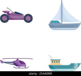 Set of four colorful icons depicting a sports car, sailboat, helicopter, and ship. Collection of transport vehicles icons Stock Vector