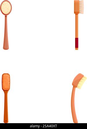Collection of four different types of wooden brushes, isolated on a white backdrop. Assorted wooden brushes set on white background Stock Vector