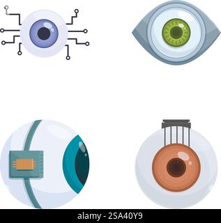 Collection of four diverse eye icons in modern vector style, suitable for tech and vision concepts. Set of four stylish vector eyes icons Stock Vector