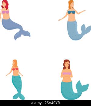 Collection of four mermaids with different hair and tail colors, isolated on white. Set of diverse mermaid characters Stock Vector