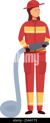 Vector illustration of a female firefighter in full gear holding a fire hose. Female firefighter with hose illustration Stock Vector