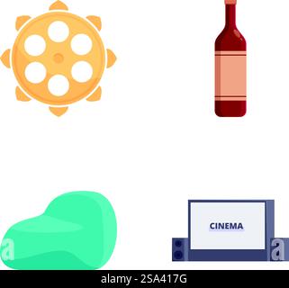 Four distinct icons representing weather, beverage, comfort, and entertainment. Variety icon set sun, bottle, cloud, and cinema sign Stock Vector