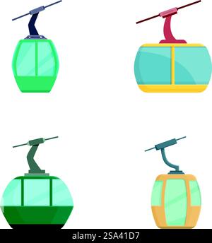 Set of four colorful cable car gondolas in a flat design style, isolated on white background. Cable car collection vector illustration Stock Vector