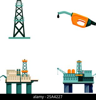 Set of four vector icons representing oil extraction and processing equipment. Oil industry equipment vector icons Stock Vector