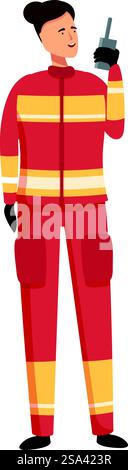 Confident male firefighter holding a walkietalkie and wearing protective gear. Standing in fulllength uniform. Smiling. And ready to communicate for emergency services. Safety. And rescue. Illustration of a smiling firefighter in uniform speaking into a walkietalkie Stock Vector