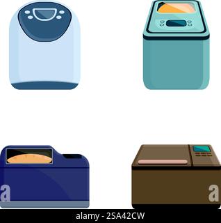 Illustration collection of four different styles of electric bread makers for home baking. Set of modern bread maker machines Stock Vector