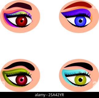 Vibrant and diverse collection of colorful cartoon eyes with unique and artistic illustrations in vector graphic design. Showcasing human expressions and individuality in shades of purple. Green. Set of four vibrant, cartoonstyle eyes with various eye colors and expressions Stock Vector