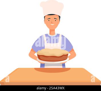 Smiling cartoon chef in a white hat holds a freshly baked pie on a table. Chef presenting a fresh pie Stock Vector