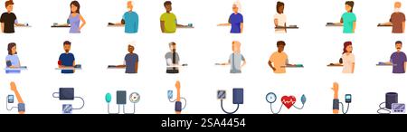 Measure blood pressure icons set vector. A collection of people with various medical devices. The people are wearing different colored shirts and are standing in different positions. The medical devices include a blood pressure monitor. Measure blood pressure icons set vector. A collection of people with various medical devices Stock Vector