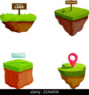 Collection of four virtual land icons featuring grass, soil and a location pin, isolated on white. Virtual land icons set on white background Stock Vector