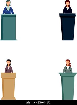 Four illustrations of professionals speaking at podiums, showcasing diversity. Diverse set of business people at podiums Stock Vector