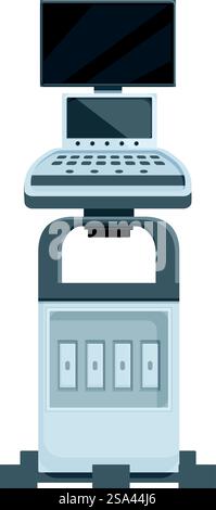 Vector illustration of a sleek, contemporary selfservice kiosk with a touchscreen display. Modern digital kiosk isolated on white Stock Vector
