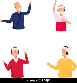 Set of illustrations featuring joyful elderly individuals dancing and listening to music. Happy senior people enjoying music Stock Vector