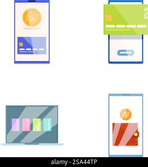 Set of modern digital finance icons for online banking, credit card app, mobile payment, financial technology, money management, and secure transactions. Collection of colorful financerelated digital icons including online banking and credit card Stock Vector