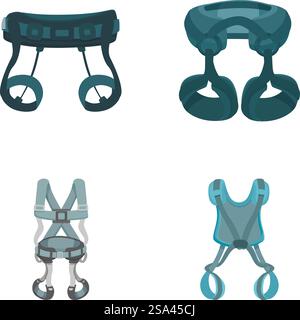 Collection of four vector illustrations showcasing different styles of climbing harnesses on a white background. Set of isolated climbing harness illustrations Stock Vector