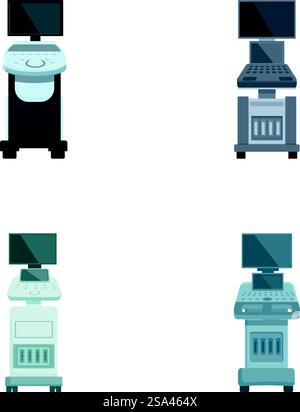 Collection of four isolated vector illustrations showing different styles of office desks with computer setups. Set of modern office desks with computers Stock Vector