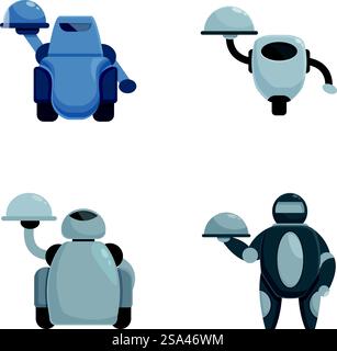 Collection of four friendly robot waiter illustrations in various poses, ideal for tech and service themes. Cute cartoon robot waiters set Stock Vector