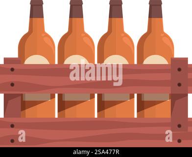 Four identical beer bottles with blank labels are standing in a wooden crate. Four bottles of beer with blank labels standing in a wooden crate Stock Vector