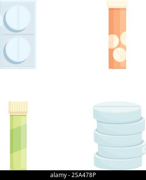Illustration set featuring different styles of cartoon pill bottles and medication packaging. Variety of cartoon medication and pill containers Stock Vector