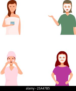 Illustrations showcasing individuals engaged in various skincare activities. Set of people performing daily skincare routine Stock Vector