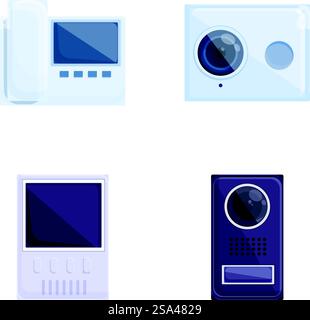 Doorphone icons set cartoon vector. Video audio door phone entry system. Entrance security device. Doorphone icons set cartoon vector. Video audio door phone entry system Stock Vector