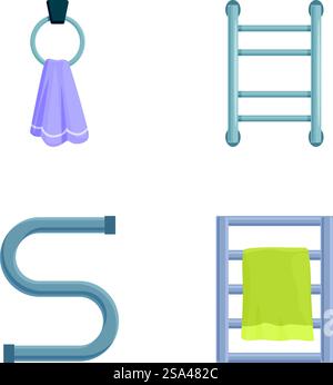 Collection of four home essentials icons, depicting common household items. Home essentials icons set, towel, ladder, pipe, and grab ring Stock Vector
