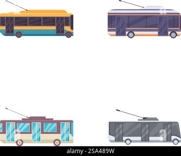Vector illustration of four colorful trolleybuses, representing public urban transport. Set of modern city trolleybuses isolated on white Stock Vector