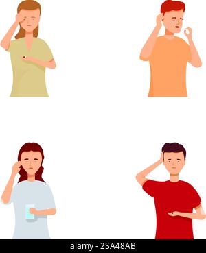 Illustration of four people with puzzled looks, showcasing different gestures of confusion. Set of people showing various confused expressions Stock Vector
