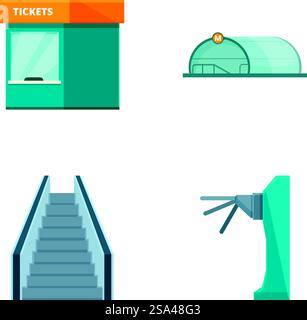 Collection of colorful public transport icons, including tickets, metro, stairs, and turnstile. City public transportation icons set Stock Vector