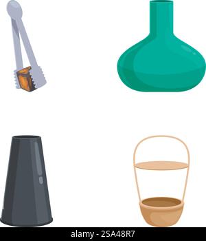 Vector icons of a tongs, flask, cone, and bucket on white. Set of everyday objects illustration Stock Vector