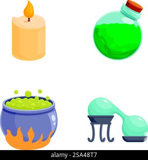 Vector illustrations of a candle, potion bottle, cauldron, and crystal ball on white background. Magic potion ingredients and tools set Stock Vector