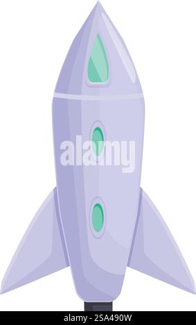 Cartoon style illustration of a space rocket ship waiting on a launch platform, ready for take off. Purple space rocket ship is ready for taking off from spaceport Stock Vector