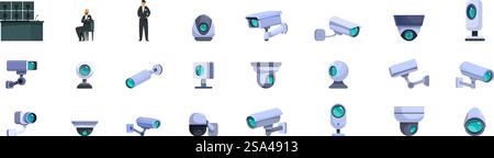 Video surveillance system icons set vector. A collection of various security cameras, including a man in a suit standing in front of a desk. Video surveillance system icons set vector. A collection of various security cameras Stock Vector