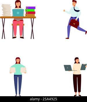 Four illustrations showcasing professionals with workrelated items, representing different occupations. Set of modern professionals in various poses Stock Vector