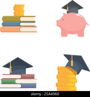 Illustrations of education investment concept with savings. Books. Graduation cap. Piggy bank. Coins. Financial literacy. College fund. Tuition cost. School money. Learning. Future planning. Budgeting. Four graphics showcasing books, graduation cap, piggy bank, and coins symbolizing educational savings and investments Stock Vector