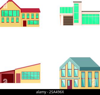 House building icons set cartoon vector. Residential urban or suburban house. Exterior, architecture. House building icons set cartoon vector. Residential urban or suburban house Stock Vector