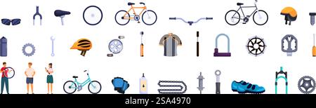 Bicycle store icons set vector. A collection of bicycle parts and accessories. Bicycle store icons set vector Stock Vector