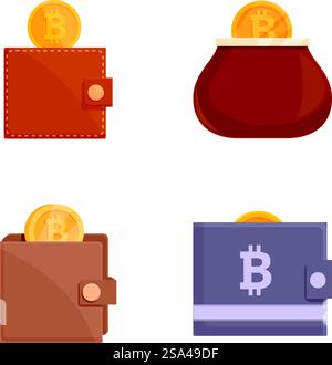 Modern cryptocurrency wallet icons set for secure digital currency storage and online payment options. Featuring bitcoin and other virtual funds. Vector illustrations of wallets with bitcoin, representing various digital currency storage options Stock Vector