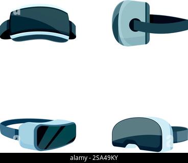 Collection of stylized vr glasses for immersive experience, various angles on a clean background. Set of modern virtual reality headsets isolated on white Stock Vector