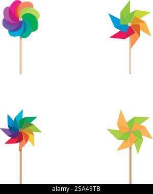 Collection of four vibrant pinwheels in different color schemes isolated on a white backdrop. Colorful pinwheel set on white background Stock Vector