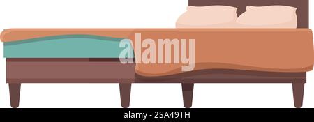 Double bed with wooden frame, pillows and blanket covering half of the mattress, isolated on white background. Double bed with wooden frame, pillows and blanket covering half of the mattress Stock Vector
