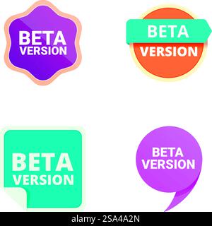 Four colorful beta version badges in various shapes for software development marketing. Set of beta version badges design Stock Vector