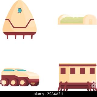 Collection of cartoonstyle transportation vehicles including a rocket, bus, truck, and train car. Set of cartoon transportation vehicles Stock Vector