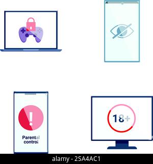 Vector illustration collection showing digital content restriction symbols on screens. Set of computer and mobile restrictions icons Stock Vector