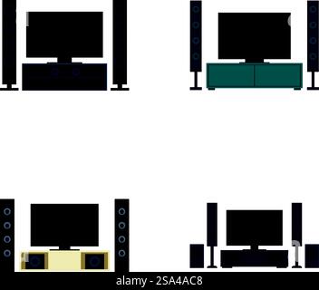 Set of four vector illustrations of home theater systems with various speaker setups. Home theater system vector icons Stock Vector