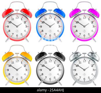 Colored alarm clocks, front views. 3D rendering isolated on white background Stock Photo