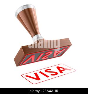 Visa stamp. Wooden stamper, seal with text visa, 3D rendering isolated on white background Stock Photo