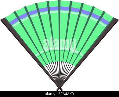 Traditional japanese green and purple folding fan spreading its delicate paper on white background. Beautiful hand fan made of wood and paper, useful for cooling down on a hot summer day Stock Vector