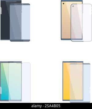 Vector illustration of modern smartphones with screen protectors in various views. Smartphones and screen protectors set Stock Vector