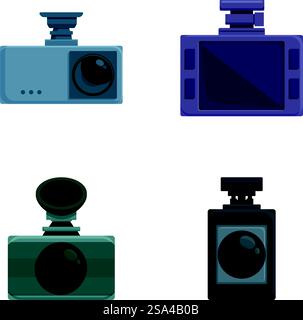 Video recorder icons set cartoon vector. Car dvr. Modern technology. Video recorder icons set cartoon vector. Car dvr Stock Vector